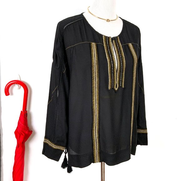 New Gold Hawk BOHO Black Long Sleeve Embroidered Blouse  Sz M - Picture 7 of 16